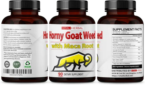 Vista 5 de Vital Herbal Horny Goat Weed Cápsulas para máxima fuerza con raíz de maca, tribulus, Ashwagandha Tongkat Ali Panax ginseng para hombres y mujeres
