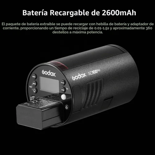 Vista 7 de GODOX AD100Pro Luz de Flash de Estudio en Bolsillo para Fotografía con Pantalla OLED 5800K 1/8000s Sync TTL/Multi/M Flash Integrado 2.4G Wireless X
