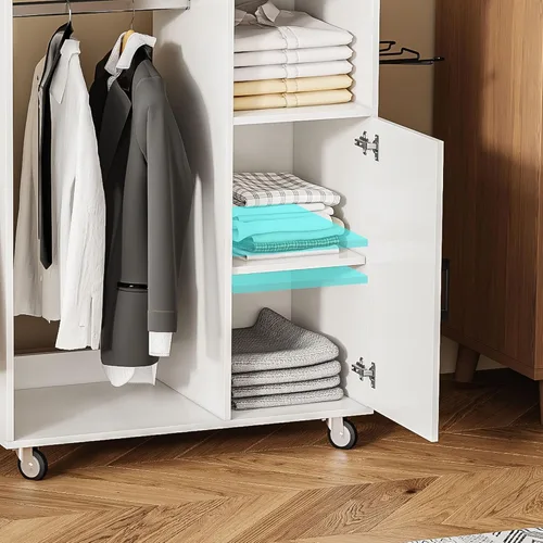 Vista 4 de Tabla de planchar rodante con gabinete de almacenamiento, gabinete de planchado de madera multiusos con ruedas, mesa de planchar con esponja