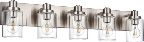 Vista 18 de Lámpara de tocador de baño de 3 luces de níquel cepillado, accesorios de iluminación sobre espejo con pantalla de vidrio transparente, modernos