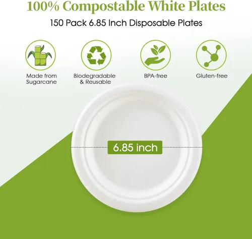 Vista 2 de ECOLipak Platos de papel de postre compostables de 6.85 pulgadas, paquete de 150 platos desechables, biodegradables, resistentes, ecológicos