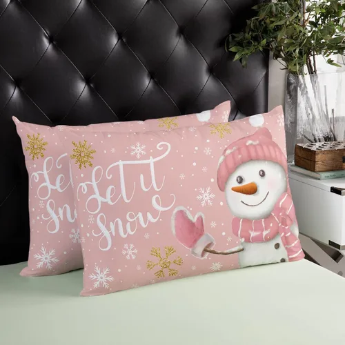 Vista 4 de Fundas de almohada de Navidad de muñeco de nieve rosa de 16 x 24 pulgadas, fundas de almohada rectangulares de invierno con copos de nieve