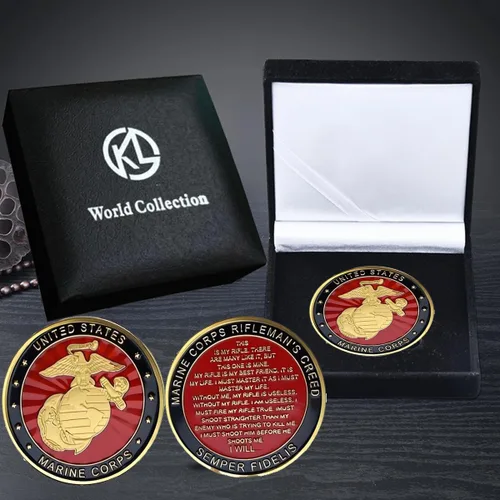 Vista 2 de US Marine Corps Challenge-Coins - Juego de vitrina y soporte con broche de banderas estadounidenses, los mejores regalos militares del Cuerpo