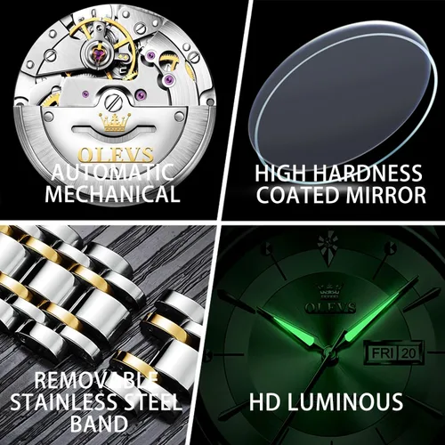 Vista 6 de OLEVS Men's Automatic Mechanical Watch Self-Winding Luxury GoldSilver Two Tone Classic Calendar Waterproof Luminous Business Watch