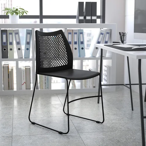 Vista 10 de EMMA + OLIVER Silla apilable con base de trineo negro para el hogar y la oficina con respaldo de ventilación de aire, silla de invitados