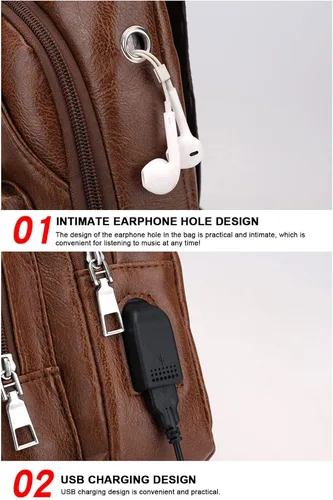 Vista 4 de Bolso bandolera de cuero para hombre, mochila cruzada de hombro con puerto de carga USB para viajes, gimnasio, deportes y senderismo, Coffee, A, A