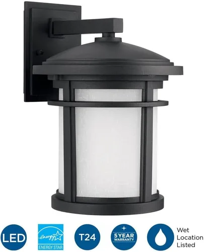 Vista 6 de Progress Lighting Wish LED Collection - Farol de pared mediana con 1 luz grabada de lino blanco y vidrio, para exteriores, color negro