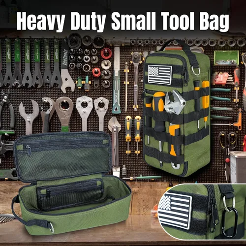 Vista 5 de Bolsa de herramientas pequeña portátil, bolsa de herramientas resistente con correa para el hombro y clip de anillo en D, bolsa de mano duradera e