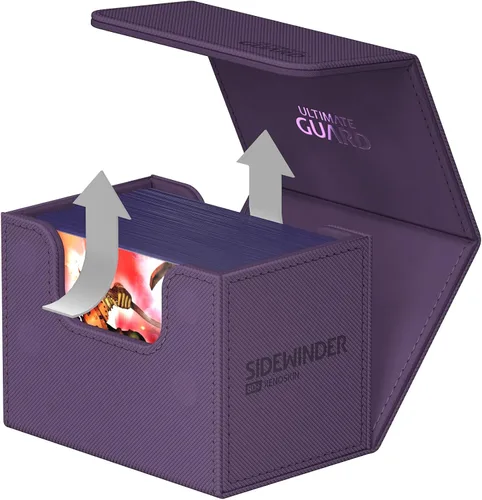 Vista 5 de Ultimate Guard Sidewinder 80+, caja de almacenamiento para 80 cartas TCG con doble funda, púrpura, cierre magnético y forro interior de microfibra