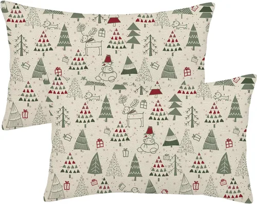 Vista 9 de Juego de 2 fundas de almohada de Navidad de 16 x 16 pulgadas, bonitas fundas de almohada bohemias de lino para decoración de invierno