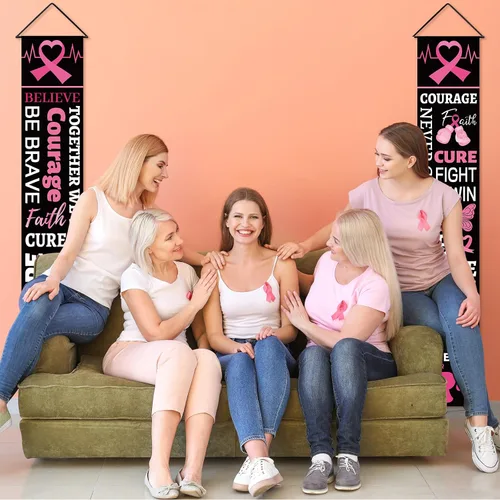 Vista 5 de Decoraciones de fiesta de cinta rosa para concientización sobre el cáncer de mama, cartel de porche, esperanza, fuerza, coraje, fe, pancarta