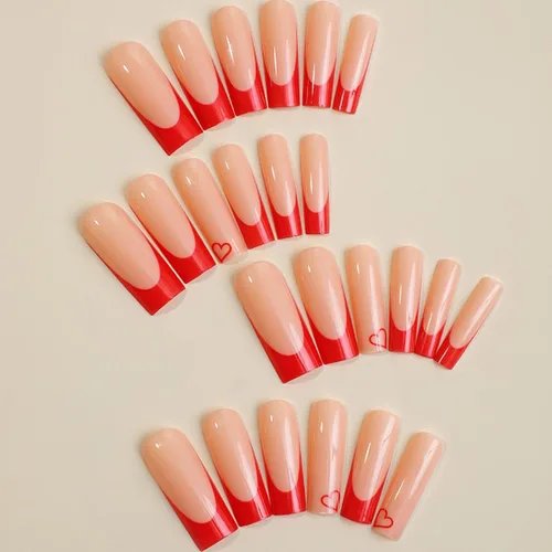 Vista 2 de Puntas de uñas postizas rojas francesas estilo bailarina, uñas postizas largas cuadradas, de cobertura completa, acrílicas, se aplican presionando