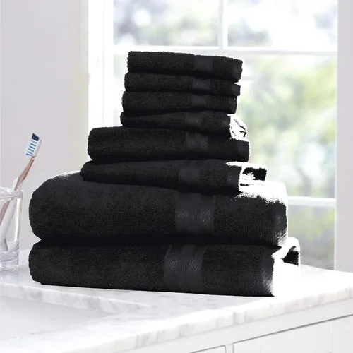 Vista 5 de BOUTIQUO Juego de toallas negras – Juego de 8 toallas de baño – 100% algodón hilado en anillo, 2 toallas de baño de 27 x 54, 2 toallas de mano de 16