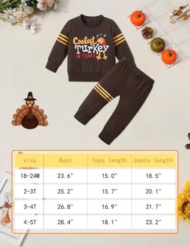 Vista 6 de WIQI Toddler Baby Boy Thanksgiving Outfit Turkey Letter Print Long Sleeve Striped Tops + Long Pants Thanksgiving Outfit Set