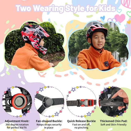 Vista 4 de EULANT Casco integral para niños con protector de barbilla, casco de bicicleta para niñas y niños de 6 años, se adapta a cabezas de 48 a 22.0 in