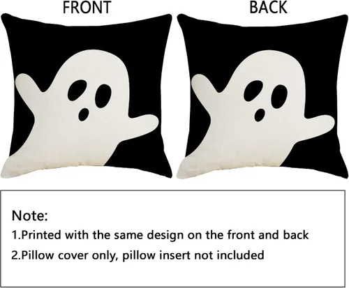 Vista 4 de Juego de 2 fundas de almohada de Halloween de 16 x 16 pulgadas, decoración de fantasma blanco negro, funda de almohada de lino para el hogar, sofá