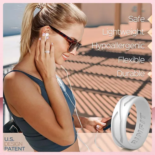 Vista 2 de Anillo de boda de silicona para hombres y mujeres paquete de 4 5 anillas diseño de anillos de goma de silicona cómodo y duradero juego a juego