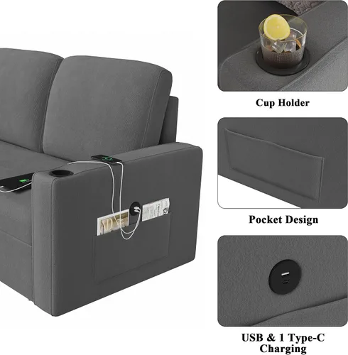 Vista 6 de Keyluv Sofá cama extraíble de 87 pulgadas con diván de almacenamiento, sofá cama modular reversible 2 en 1 con estación de carga y soporte