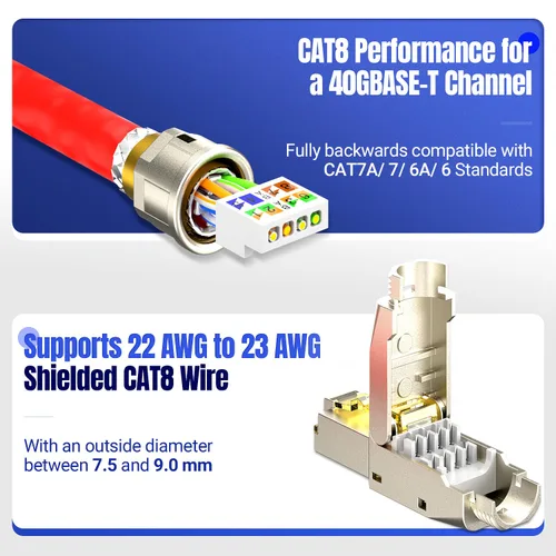 Vista 3 de AMPCOM STP CAT8 RJ45 Conector de aleación de zinc sin herramientas Ethernet Terminación de campo Enchufe modular -6
