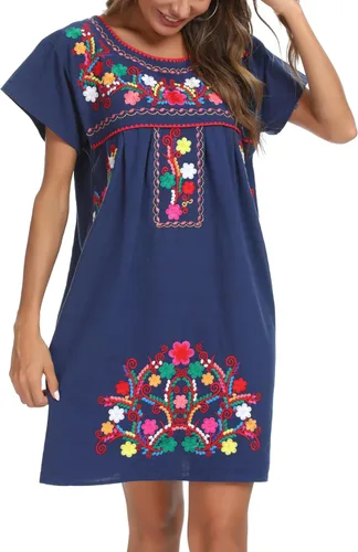 Vista 9 de YZXDORWJ - Vestido mexicano bordado de manga corta para mujer