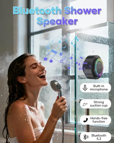 Vista 2 de Altavoz de ducha Bluetooth, IP67 impermeable altavoces portátiles con ventosa, espectáculo de luces, micrófono integrado, mini altavoz para baño