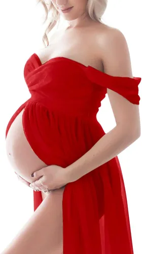 Vista 4 de Maternity Dress for Photography Off Shoulder Chiffon Gown Split Front Maxi Pregnancy Dresses for Photoshoot