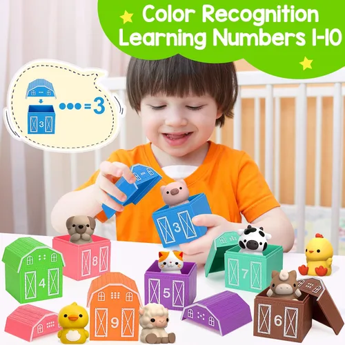 Vista 2 de KMUYSL Juguetes para niños y niñas de 1, 2, 3 años, set de juguetes de animales de granja, habilidades de conteo, combinación de colores, regalo