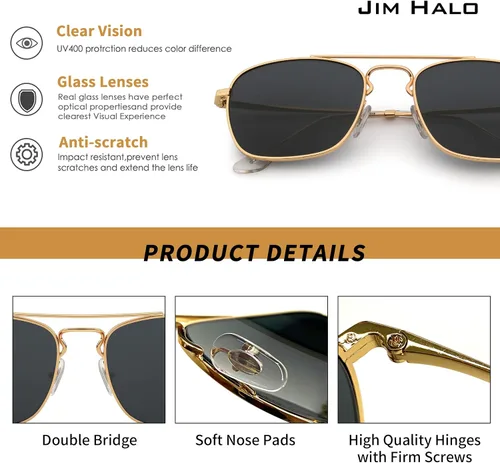 Vista 3 de JIM HALO Gafas de sol de aviador cuadradas retro de alta calidad lentes de vidrio planas de metal para hombres y mujeres