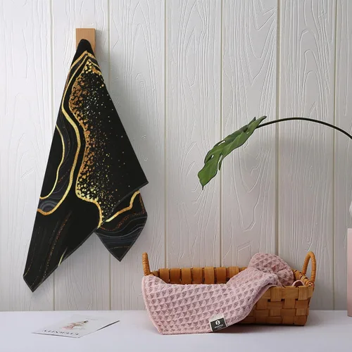 Vista 3 de Juego de 2 toallas de mano de baño con textura de mármol, suaves, absorbentes, negras y doradas, toallas decorativas para baño, cocina, deportes