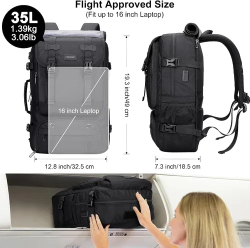 Vista 5 de PIJUSHI Mochila de viaje para mujeres y hombres, mochila de equipaje de mano, aprobada por vuelo, bolsa de lona convertible para laptop de 16 Negro