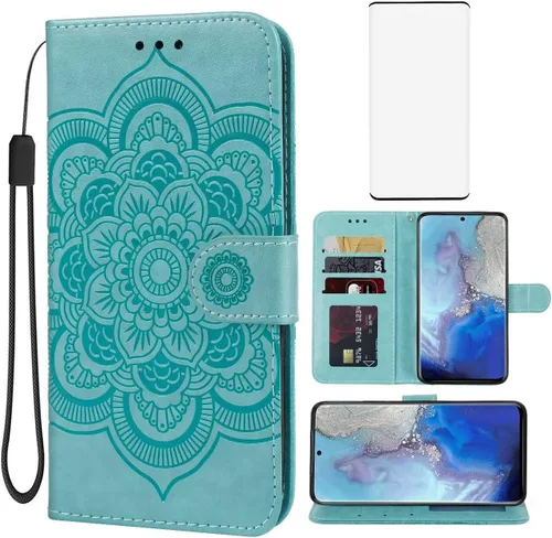 Vista 12 de Funda para Galaxy S20, para Samsung SM-G981U Wallet con protector de pantalla de vidrio templado, funda de cuero con diseño de mandala para Samsung