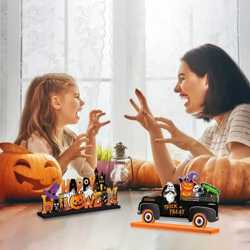 Vista 6 de Soaoo 6 piezas de centros de mesa de madera de Halloween, decoración de centro de mesa de madera de Halloween, letreros de calabaza, gnomo, sombrero
