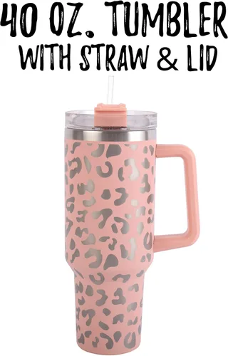Vista 3 de Lashicorn Vaso de 40 onzas con asa y pajita, color rosa, nude, leopardo, plata, tapa de taza de 10 pulgadas de alto, incluida taza de viaje aislada