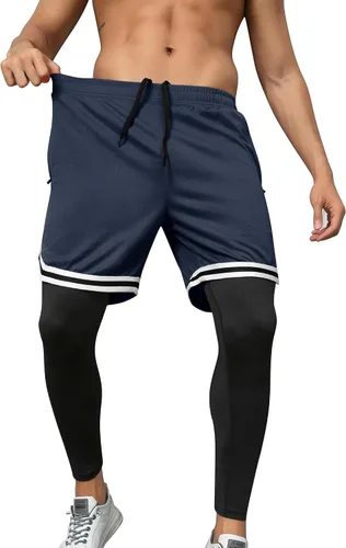 Vista 4 de SILKWORLD Pantalones de correr 2 en 1 para hombre, pantalones deportivos de compresión, leggings de entrenamiento con bolsillos con cremallera