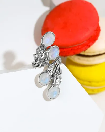 Vista 3 de YoTreasure Natural Labradorite Moonstone Green Onyx Solid 925 Sterling Silver Innovative Leaf Vine Design Ring