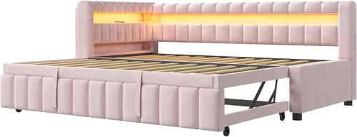 Vista 6 de Polibi Sofá cama tapizado individual XL a King con nido extraíble, luces LED y puertos USB, marco de cama con plataforma de listones de madera