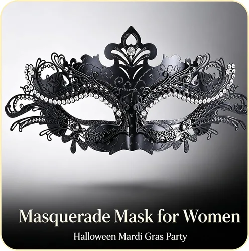 Vista 4 de Máscaras de metal para mujeres/hombres, máscara veneciana de Halloween, máscara de Mardi Gras Negro