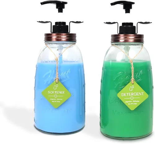 Vista 8 de Dispensador de detergente para ropa de vidrio, juego de 2 recipientes de detergente para ropa, recargable y reutilizable, dispensador de jabón
