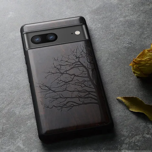 Vista 5 de Carveit Funda de madera para Pixel 7a [madera natural y TPU suave negro] a prueba de golpes, funda protectora de madera única y elegante compatible