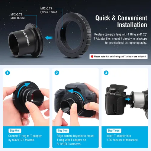 Vista 5 de Adaptador de cámara para telescopio Astromania, anillo T2 T y adaptador T M42x0.75 rosca macho a adaptador fotográfico de telescopio de 3.17 cm