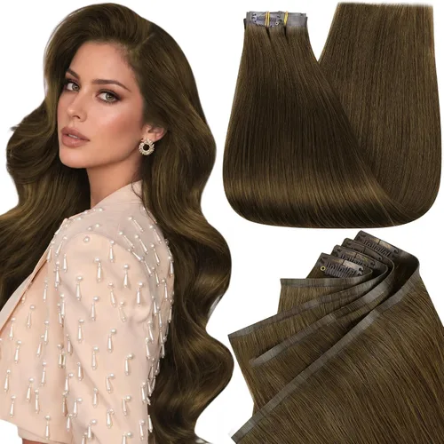 Vista 22 de Full Shine Extensiones de cabello humano con clip de 12 pulgadas, extensiones de cabello con clip de castaño claro a rubio, extensiones de cabello