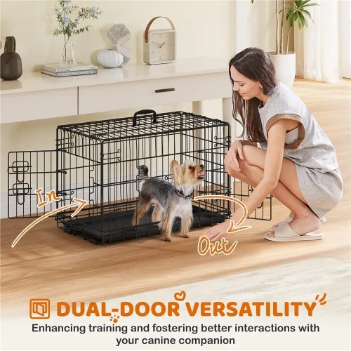 Vista 7 de Yaheetech Jaula para perros de doble puerta de 30 pulgadas con divisor para cachorros, perrera plegable de metal con bandeja extraíble, jaula