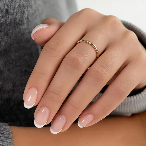 Vista 4 de Misssix Uñas postizas a presión de punta francesa, uñas postizas cortas ovaladas a presión con pegamento de uñas, 30 uñas adhesivas en 15 tamaños