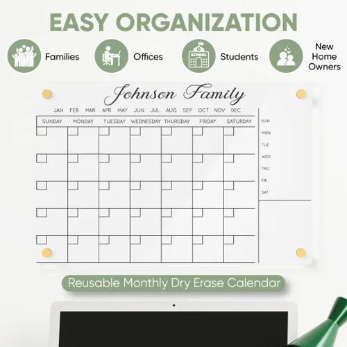Vista 5 de Calendario acrílico personalizado para pared, se envía al día siguiente, hecho en Estados Unidos, planificador de borrado en seco transparente