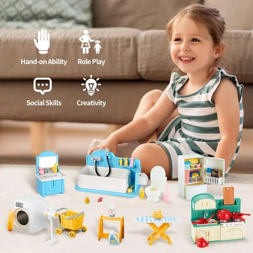 Vista 10 de TAKIHON Muebles para Casa de Muñecas, Juego de Juguetes de Cocina y Baño, Juego de Refrigerador y Lavadora para Niños, Accesorios en Miniatura