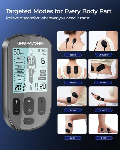 Vista 3 de KingPavonini Estimulador Muscular TENS 3 en 1 para Terapia de Alivio del Dolor, Máquina TENS de Canal Dual con 36 Modos y 12 Almohadillas