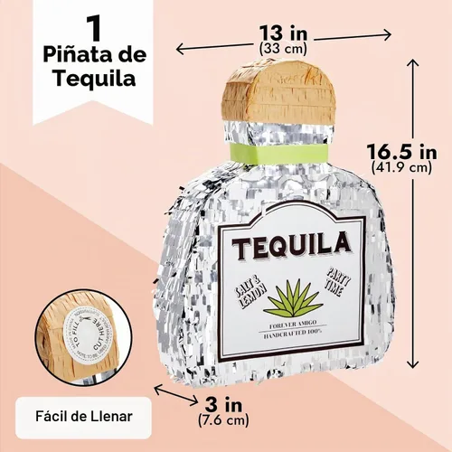 Vista 3 de Sparkle and Bash Forma de botella de tequila de piñata, pequeña, lámina plateada, 16.5 x 13 x 3 pulgadas, piñata para decoraciones de fiesta