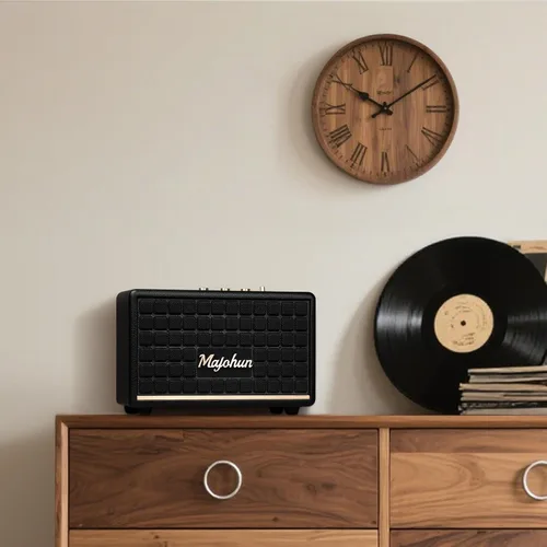 Vista 7 de Altavoz Bluetooth 5.4 de madera pico de 100 W, estéreo TWS vintage (negro) Retro style with bass & treble control, AUX & USB input; multiple