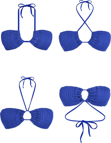 Vista 4 de ZAFUL Women's Bandeau Bikini Set O Ring Strapless Swimsuit Tie Side Swimwear Halter Two Piece Bathing Suit