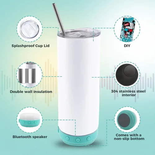 Vista 3 de Paquete de 4 vasos con altavoz musical de 20 onzas, taza de música recta con pajita, tapa, cepillo para pajilla, envoltura retráctil, taza de café